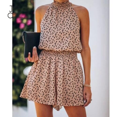 Justchicc O Neck Sleeveless Backless Women Bodysuit Print HIgh Waist Elastic Short Pants Sexy Jumpsuit 2021 Sexy Female Rompers