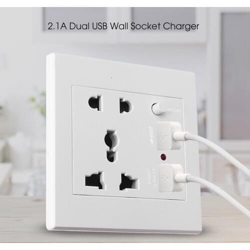 KEBIDU Wall Socket Phone Holder 2.1A Dual USB Wall Socket Home Wall Charger Adapter with ON/OFF Button EU Standard Plug