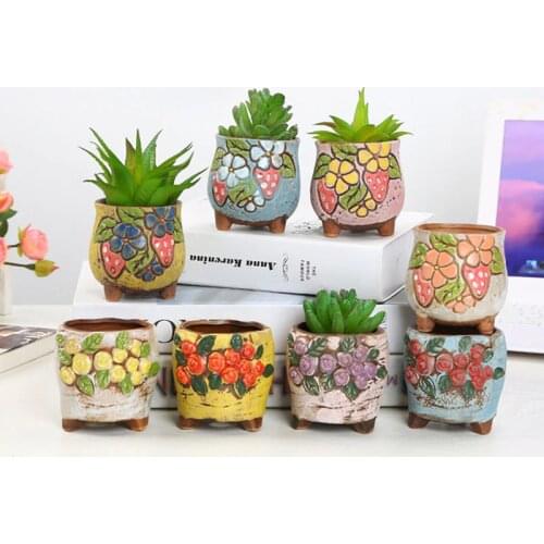 Korean Style Succulent Plants Pot Flowerpot Hand Painted Relief Flowerpot Ceramic Breathable Planter Container Home Garden Decor