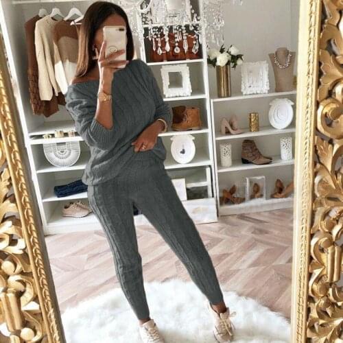 Fashion Womens 2 Piece Set Street Style Solid Casual Knitted Tracksuit Sportswear Warm Sweater+Long Pants Sweatshirts Outfits