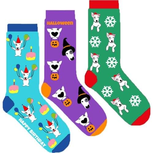 Women bull terrier socks Christmas socks Halloween happy birthday novelty crew socks fun holiday sox for dog lover gift 50pairs