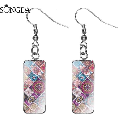 Bohemian Series Polish Folk Art Patterns Rectangular Fish Earrings Glass Cabochon Art Picture Cosplay Earring for Women Gifts