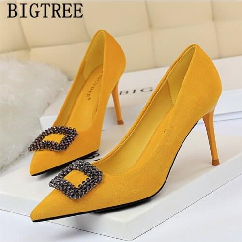 Rhinestone heels yellow shoes bigtree shoes extreme high heels stiletto Pointed Top evening shoes black heels big size 43 963-1