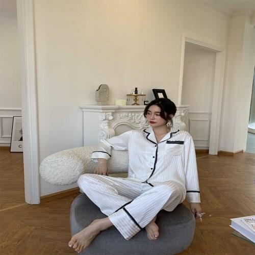 Adult Womens Ice silk Pajamas Luxury Lapel Sleepwear High Quality Cartoons Homewear Popular Cardigan Long sleeve Satin Pajamas