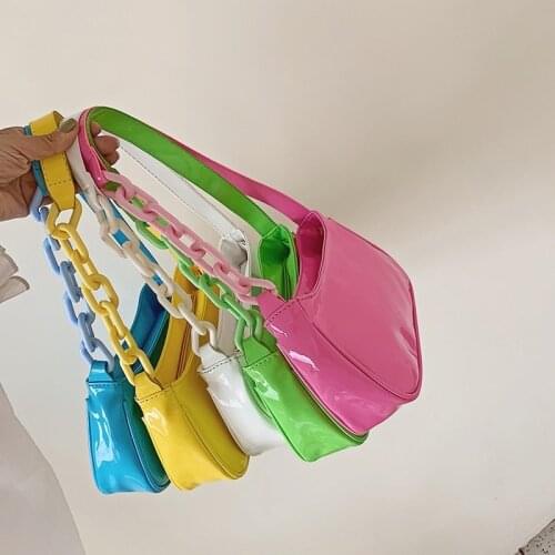 Bright Skin Candy Color Shoulder Baguette Bag for Women 2021 New Saddle Crossbody Bags Chain Messenger Female Tote Handbag Purse