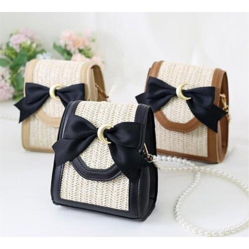 Pastoral Style Women Mini Bow Lolita Bag Cosplay Straw Shoulder Bag Tea Party Princess Bag B1744