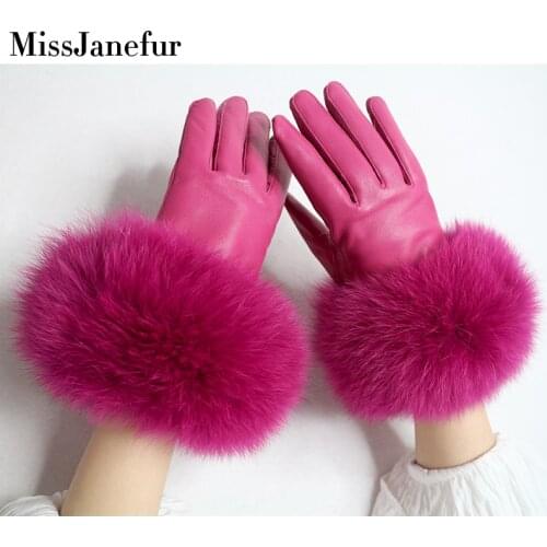 Women Finger Gloves Raccoon Fur Cuff Sheep Leather Gloves Thicken Winter Keep Warm Female Fur Elegant Gloves Hand Gloves