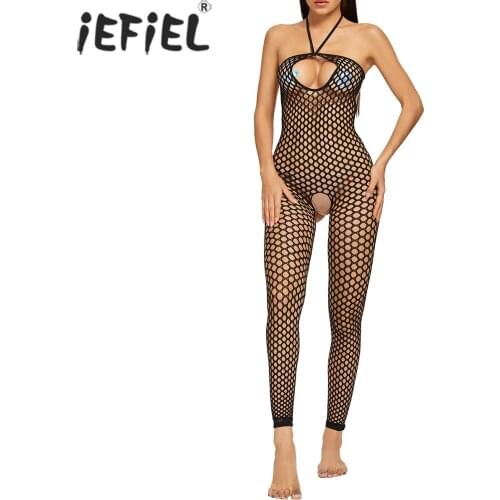 Women Hallow Out Fishnet Stretchy Bodysuit Sissy Clubwear See-through Crotchless Bodystocking Sexy Leotard Lingerie Jumpsuit