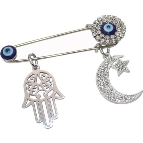 ZKD muslim islam Persian Crescent Moon Star Amulet Turkish evil eye hamsa hand of fatima Stainless Steel Scarf brooch Baby Pin