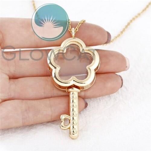Gold Color Flower Key Floating Locket Charms Necklace Openable Magnetic Glass Locket Pendant Necklace