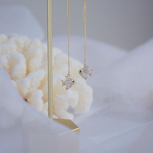 14k Real Gold Plated Fashion Jewelry Crystal Fish Exquisite Long Chain Earrings for Woman Holiday Party Elegant Cute Earring