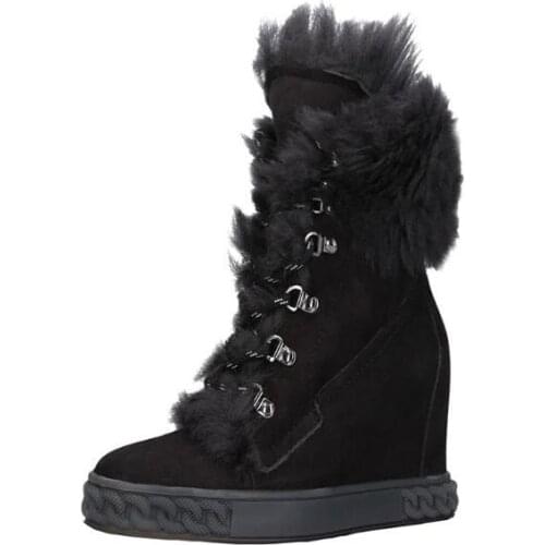 Shoes Woman Winter Snow Ankle Boots Platform Genuine Leather Furry Causal Botas Wedges 8CM Height Increasing Black Fur Botines