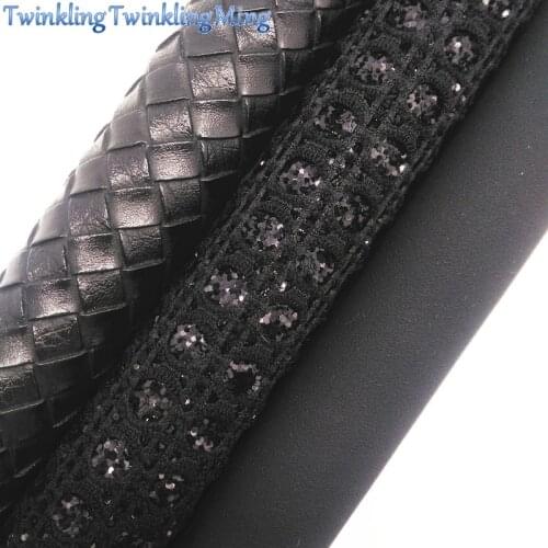 BLACK Glitter Fabirc, Suede Faux Leather Fabric, Weaving Synthetic Leather Fabric Sheets For Bow A4 8"x11"Twinkling Ming XM414