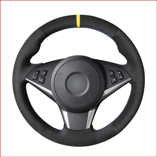 Black Suede Yellow Marker Car Steering Wheel Cover for BMW E60 530d 545i 550i E61 2005-2009 / E63 E64 630i 645Ci 650i 2004-2009