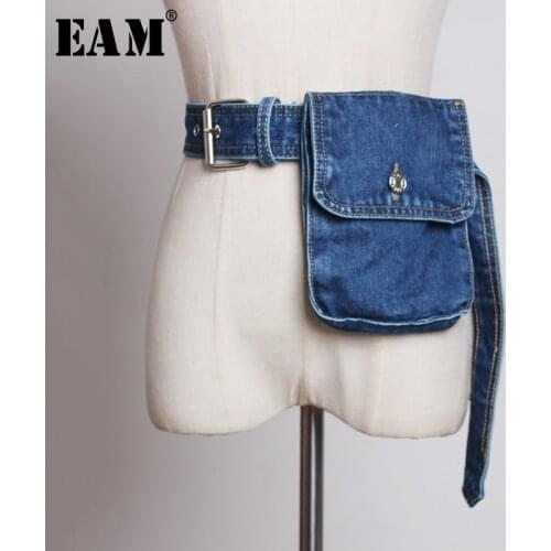 [EAM] Blue Denim Pocket Split Joint Wide Long Belt Personality Women New Fashion Tide All-match Spring Autumn 2021 1X121
