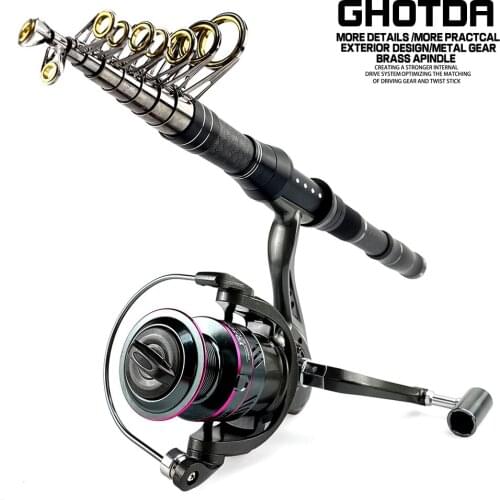 Short Carbon Telescopic Fishing Rod Rock Pole and Metal Spool Spinning Reel Fishing Rods Reels Set