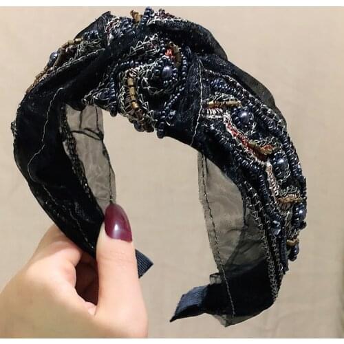 Gauze Beaded Embroidery Headbands For Women Diamond Hair Accessories Headband for Girls Crown Flower Headband Head Wrap