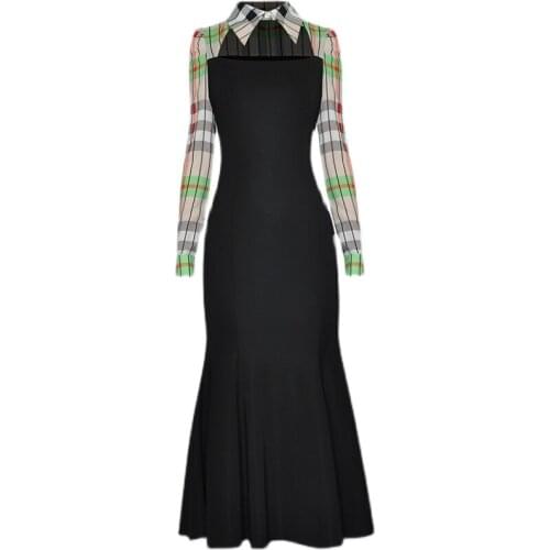 Fashion Patchwork Women Colorful Plaid Dress Fashion Turn-Down Collar Long Sleeve Mermaid Dresses 3291