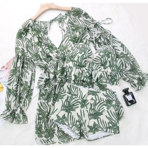 New Push Up 2021 Bikini Set Women Green Leaf Biquini Swimwear High Waist Sexy Brazilian Swimsuit Bather Beach Maillot De Bain