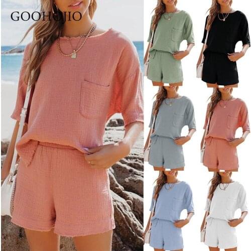 GOOHOJIO 2021 New Spring Autumn Pure Color Cotton Linen Sets Women Short Sleeve Two-piece Suit Comfortable Pocket Women Home Set