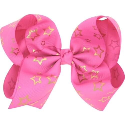 New 6.8 Inch Large Gold Five-pointed Star Print Grosgrain Ribbon Hair Bows With Clip Kids Girls Handmade Hair Accessory