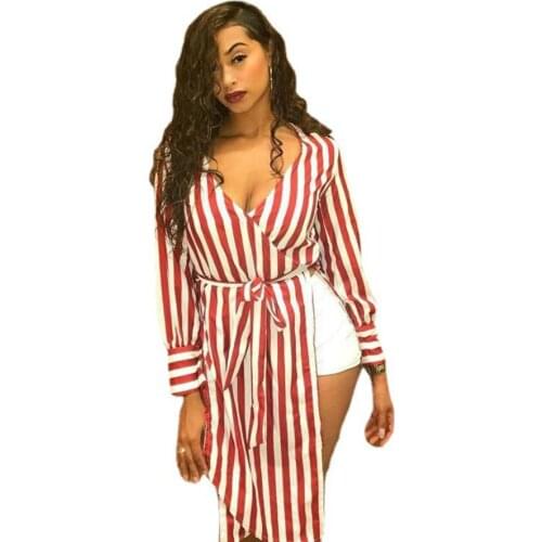 New European and American Womens Fashion Style Printed Stripe High-Fork Sexy Shirt Dress On Both Sides