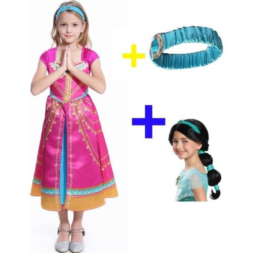 New Girls Cosplay Wigs Jasmine Dress Up Kids Halloween Christmas Princess Jasmine Costumes For Children Party Belly Dance Dress