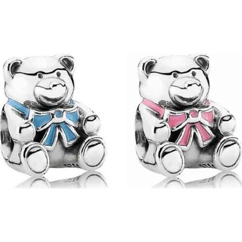 Original Pink & Blue Enamel Baby Boy & Girl Bow Bear Bead Charms Fit Pandora Bracelet 925 Sterling Silver Bead DIY Jewelry