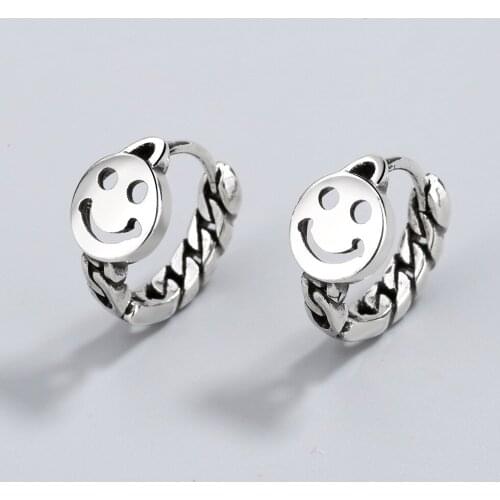 Personality Vintage Smile Chain Hoop Earrings Thai Silver Jewelry Punk Style Retro Earring for Women Girls Party brincos