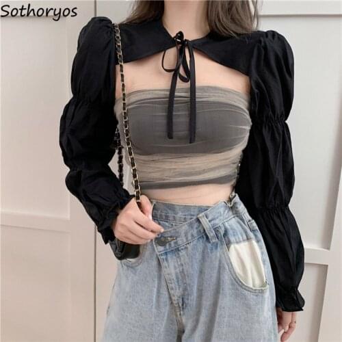 Women Shrugs Black Long Puff Sleeve Lace Up Fashion Shawls Cuff Shoulder Cropped Tops Students Streetwear Bolero Wrap Top Summer