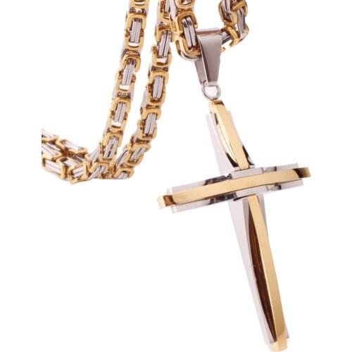Heavy Crucifix Pendant Necklace Men and Women High Polished Stainless Steel Chain Byzantine Style Link Hip-hop Boys Accessories