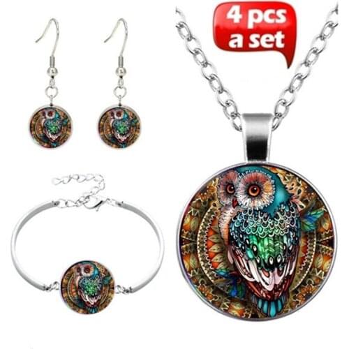 New Fashion 4 Pieces Necklace Bracelet Earring Set Hot Sale Owl Art Photo Tibetan Convex Glass Pendant Women Girl Family Gift