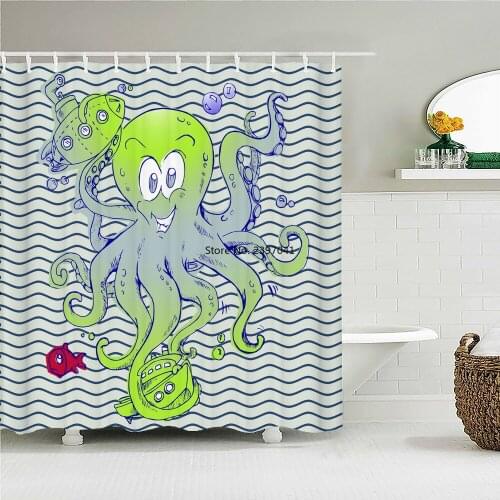 Cute Funny Octopus Shower Curtain Cartoon Waterproof Fabric Sea Turtle Fish Bathroom Curtains Multi-size with Hooks Bath Screen