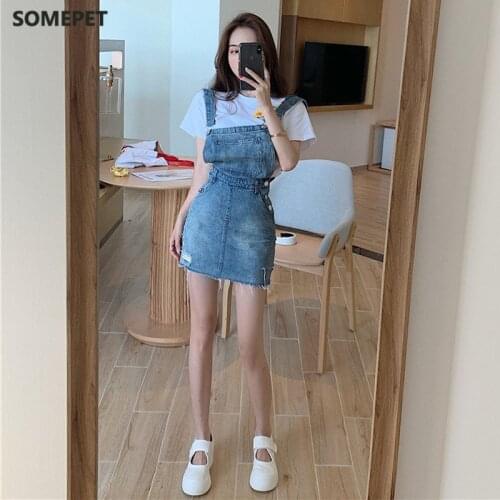 Woman Bow Strap Denim Skirts Hole Zipper Denim Overall Skirts Spring Summer Women Suspenders Slim Pocket Button Jeans Pants New