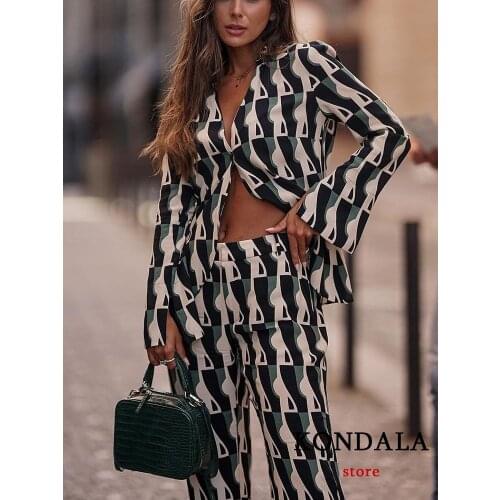 Za 2021 Chic Geometric Print Vintage Women Suits V Neck Oversized Shirts Women and High Waist Straight Pants Fashion Women Set