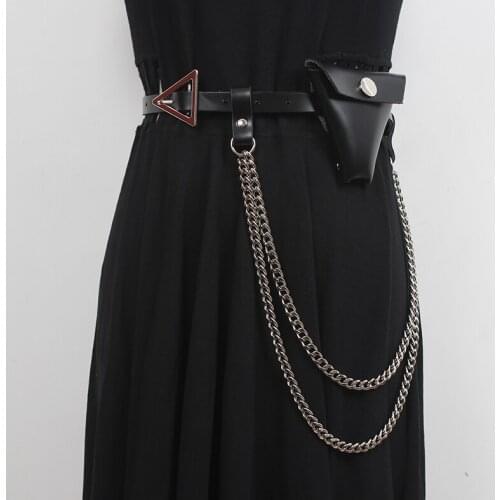 Womens Runway Fashion Metal Chain PU leather Bag Cummerbunds Female Dress Corsets Waistband Belts Decoration Wide Belt R111