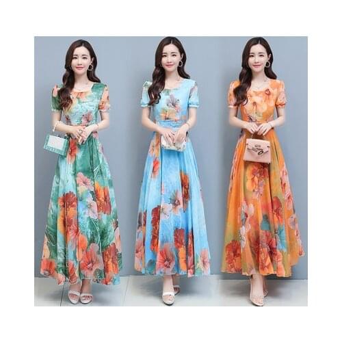 Summer Chiffon Temperament Floral Print Waist Thin Short Sleeve O-neck A-line Yellow Blue Green Big Swing Coctail Dress 9153