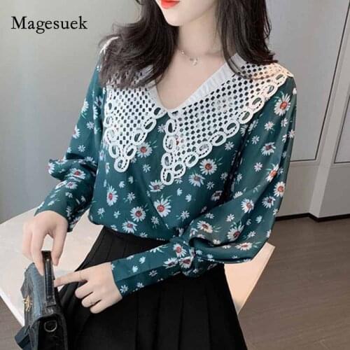 2020 Autumn Fashion French Daisy Print Button Pullover Chiffon Shirt Spliced Doll Collar Puff Sleeve Women Blouse Blusas 11049