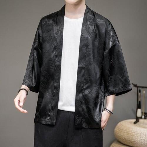 #4325 Black White Kimono Jacket Men Thin Summer Jacket Vintage Chinese Style Dragon Printed Men Kimono Coat Cardigan Outerwear