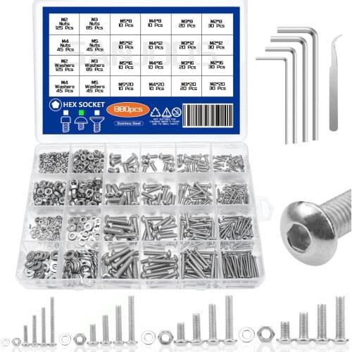 M2 M3 M4 M5 Stainless Steel Screws Nuts Washers Assortment Kit with Allen Wrenches, 880pcs Hex Socket Button Head Cap Screws