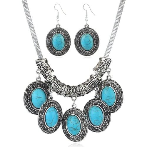 ADOLPH Bohemia Turquoise Choker Necklace With drop Earring Vintage Wedding Jewelry Set Statement Accessories Bijoux New AHT35