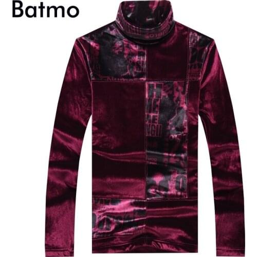 BATMO 2018 new arrival winter high quality velour Patchwork thrtleneck thicked t-shirts men,mens red t-shirt plus-size 5903
