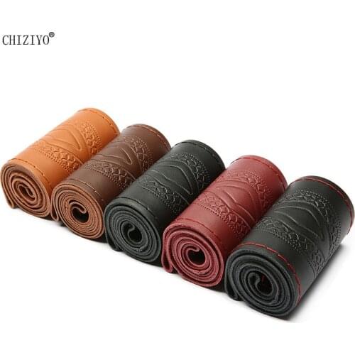 Universal 37-38cm Genuine Leather Fashion Embossed Car Steering Wheel Cover Cowhide Steering-wheel Wrap Braid With Needle Thread