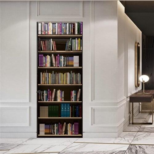 Home Decoration 3d deur sticker Library Bookshelf Landscape Art Wallpaper On The Door Waterproof Deurposter For Wall Door Decor