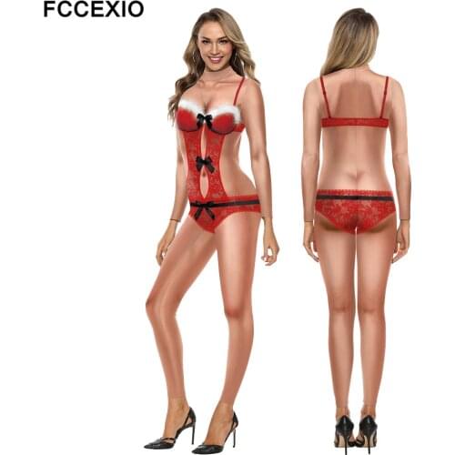 FCCEXIO Sexy Lace 3D Print Women Jumpsuit Xmas Carnival Fancy Party Cosplay Costume Bodysuit Adults Christmas Onesie Outfits