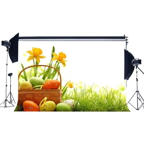 Happy Easter Backdrop Painted Eggs Basket Fresh Flowers Green Grass Meadow Frohe Ostern Spring Photography Background Boys Girls