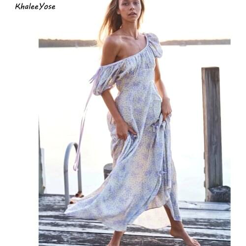 KHALEE YOSE Vintage Chiffon Floral Maxi Dress Summer Holiday Party Dress Women Strappy Ruffles Ladies Casual Female Purple Dress