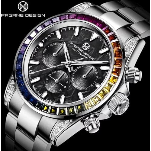 PAGRNE DESIGN Top Brand Mens Mechanical Watch Stainless Steel Waterproof Watch Luxury Sapphire Glass Automatic Watch Men Watch