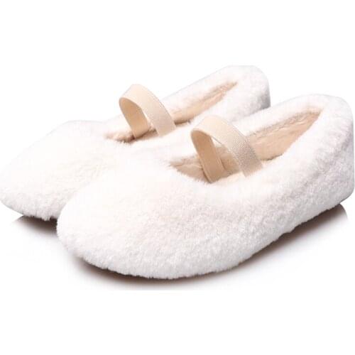 Soft pink white fluffy girls flats warm sweet home skid resistance little girl winter shoes with paddy strap indoor dance shoes