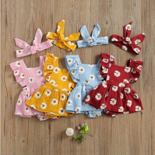 Newborn Baby Girls Daisy Flower Rompers Skirts with Headband Baby Summer Bodysuits Clothes Headdress Outfits